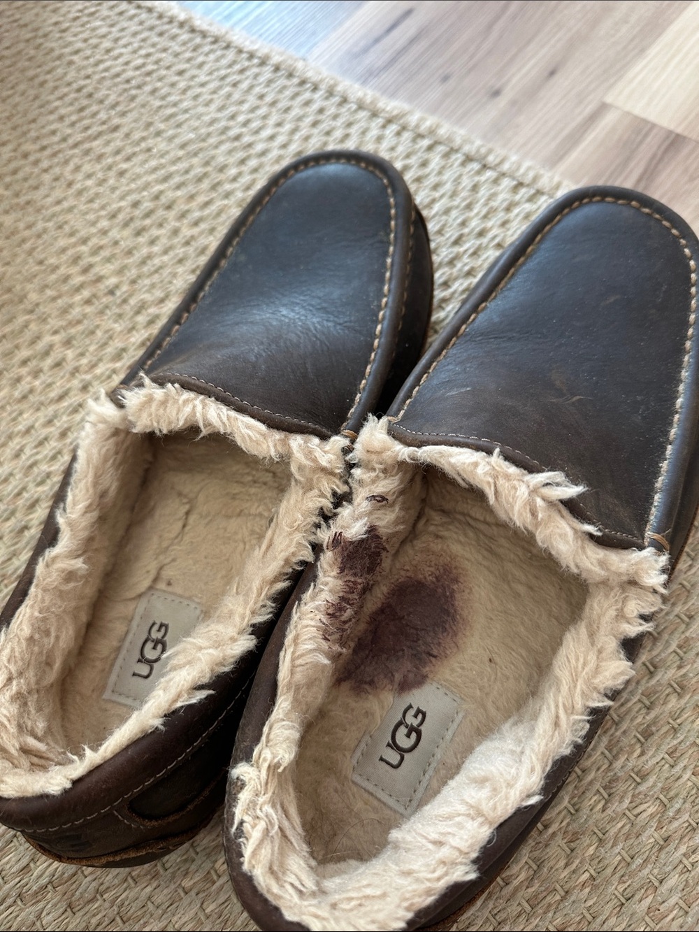 UGG Men's Brown Leather Shearling Slip-On Loafers